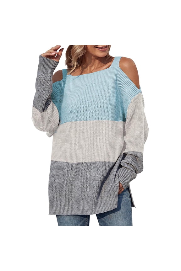 Women Sweater Casual Trendy Color Sweater Matching Pullover Long Sleeve Squard-Neck Sweater Blue