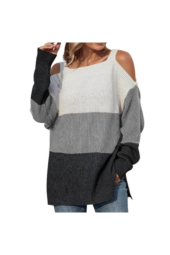 Women Sweater Casual Trendy Color Sweater Matching Pullover Long Sleeve Squard-Neck Sweater Gray