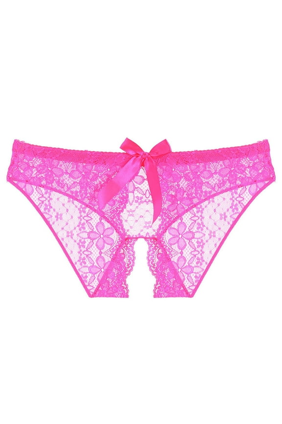 Women's Lace Crotchless Panties 2025 Valentine's Day Sexy Underwear Lace Bow Bikini Panties Pearl Silky Comfy Lace Brife Hot Pink