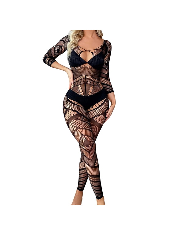 Women's Lingerie Bodysuit Set Valentine's Day Sexy Lingerie Fishnet Seamless Mesh Netting Stockings Chemise Hollow Out Bodysuit Sleepwear