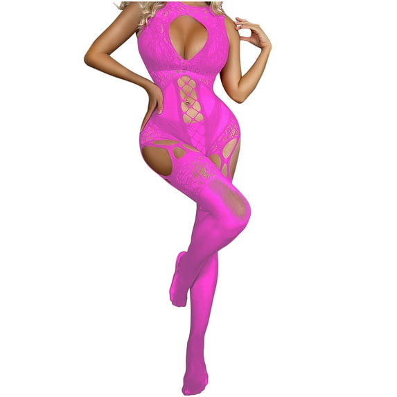 Odeerbi Women's Lingerie Bodysuit Set 2025 Valentine's Day Sexy Solid Color Mesh Cloth Transparent Hollow Socks And Nightwear Set Hot Pink