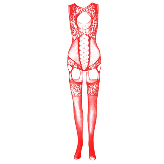 Odeerbi Women's Lingerie Bodysuit Set Valentine's Day Solid Color Mesh Hollow Socks Nightwear Set