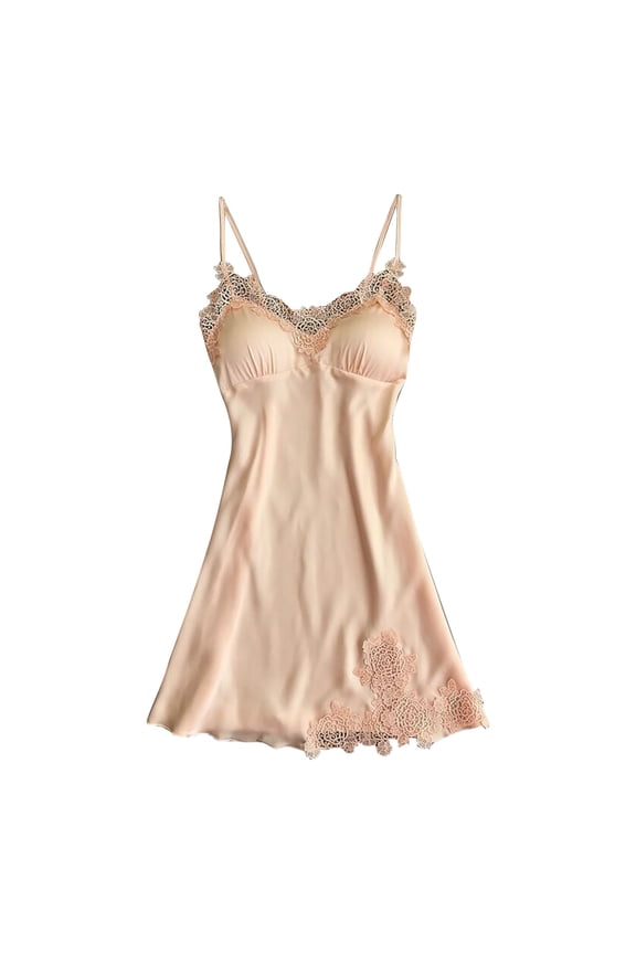Women's Lingerie Dress Set Babydoll Valentine's Day 2025 Fashion Lace Sling Vest Hollow See-Through Ladies Nightdress Set Beige