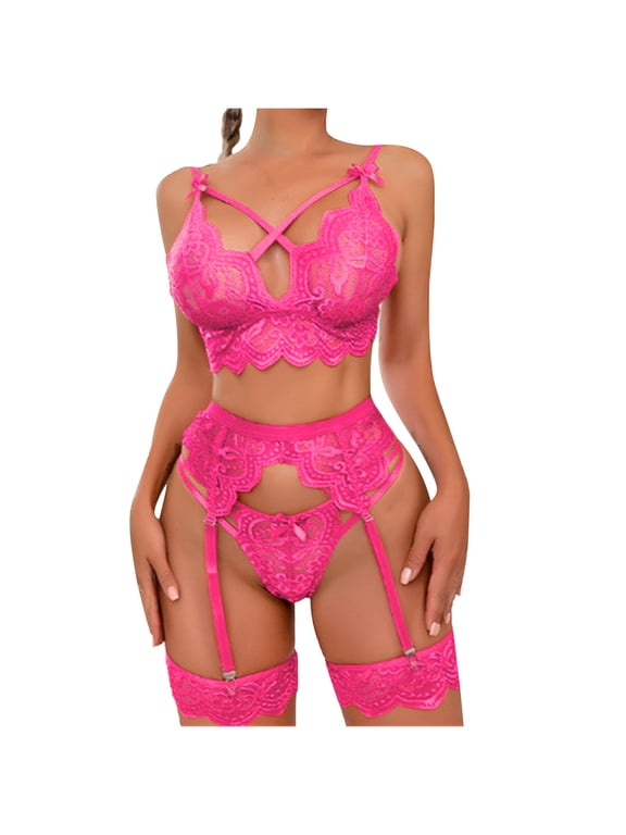 Women's Lingerie Garter Belt Set Valentine's Day Sexy 3PCS Lingerie Suit Lace Bowknot Perspective Temptation Underwear Garter Belt Panties Underpants Sleepwear Hot Pink