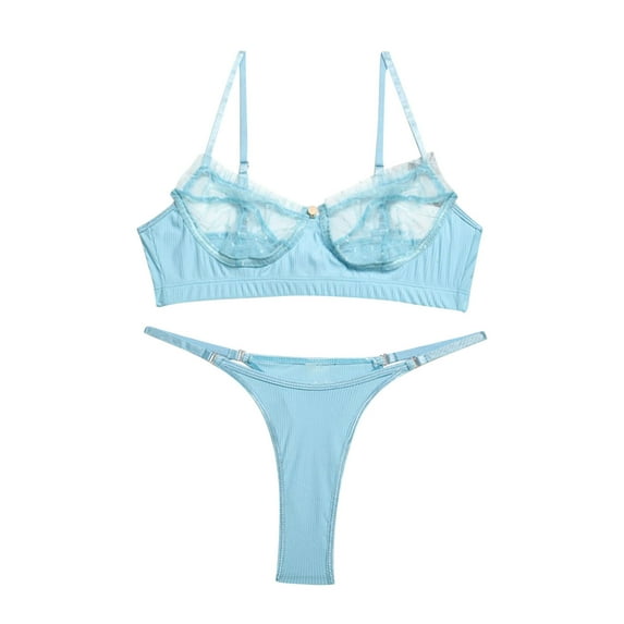 Odeerbi Women's Lingerie Set 2025 Valentine's Day Sexy Transparent Underwear Sling Solid Color Shortened Underwear Set Sky Blue
