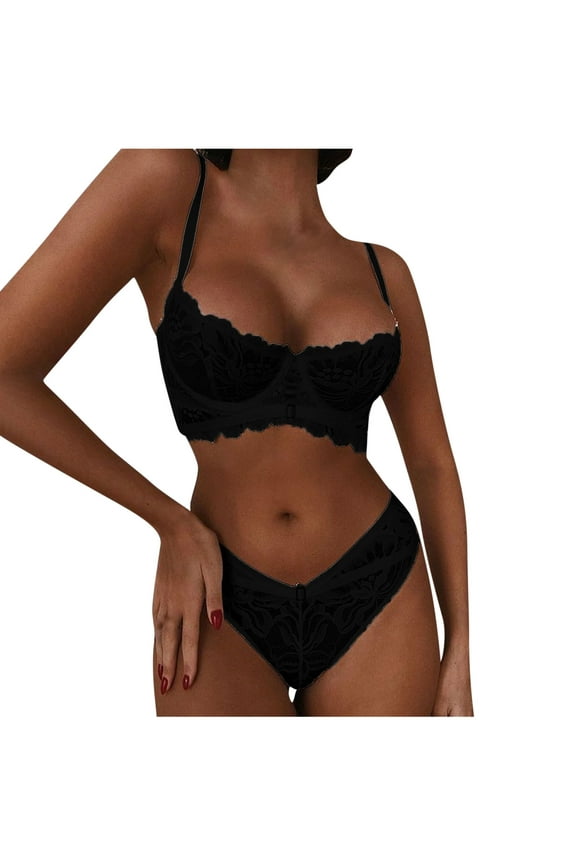 Women's Lingerie Set 2025 Valentine's Day Sexy Transparent Underwear Sling Solid Color Shortened Underwear Set Black