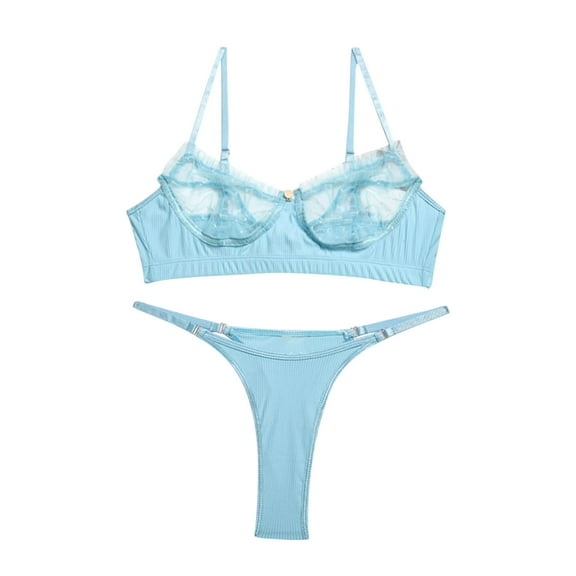 Odeerbi Women's Lingerie Set 2025 Valentine's Day Sexy Transparent Underwear Sling Solid Color Shortened Underwear Set Sky Blue