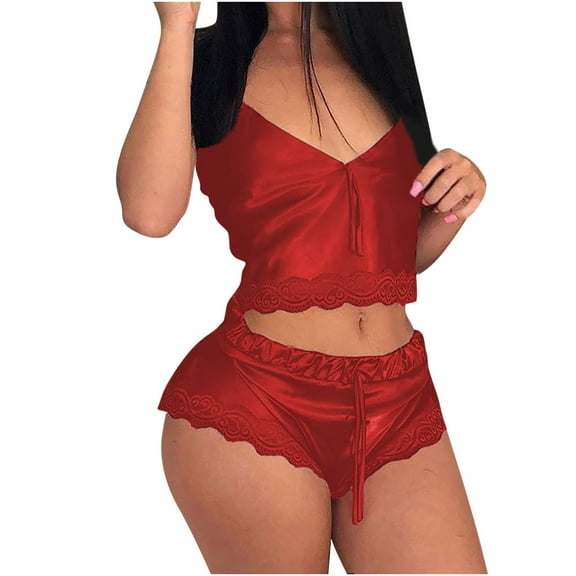Odeerbi Women's Lingerie Set Valentine's Day Sexy Lace Splicing Sleepwear Lingerie Pajamas 2025 Casual Sleeveless Tops  Short Pants Set Red
