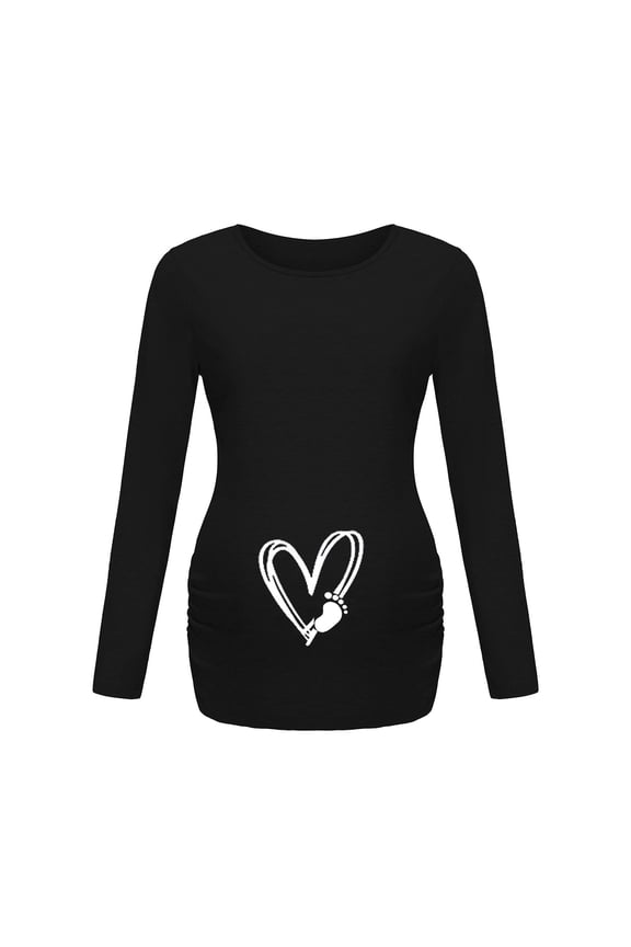 Women's Maternity Shirts Long Sleeve Pregnancy Tops Ladies Fashion Solid Color Heart Print Casual Top Maternity Clothes Black