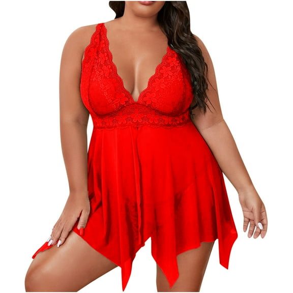 Odeerbi Women's Plus Size Lingerie Dress Set Babydoll 2025 Valentine's Day Plus Size Sexy Lingerie Solid Lace Mesh Cami Dress Temptation Underwear Sleepwear Nightdress Red