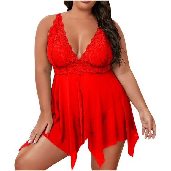Odeerbi Women's Plus Size Lingerie Dress Set Babydoll 2025 Valentine's Day Plus Size Sexy Lingerie Solid Lace Mesh Cami Dress Temptation Underwear Sleepwear Nightdress Red