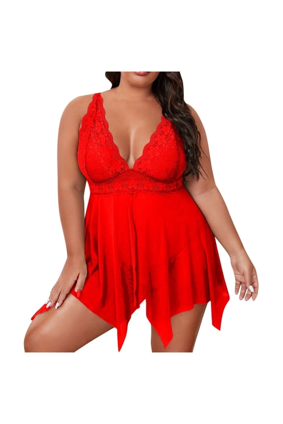 Women's Plus Size Lingerie Dress Set Babydoll 2025 Valentine's Day Plus Size Sexy Lingerie Solid Lace Mesh Cami Dress Temptation Underwear Sleepwear Nightdress Red