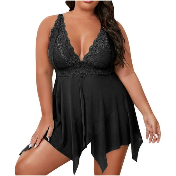 Odeerbi Women's Plus Size Lingerie Dress Set Babydoll 2025 Valentine's Day Plus Size Sexy Lingerie Solid Lace Mesh Cami Dress Temptation Underwear Sleepwear Nightdress Black