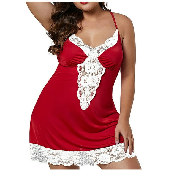 Odeerbi Women's Plus Size Lingerie Dress Set Babydoll 2025 Valentine's Day Sexy Lace Lingerie Sleepwear Underwear Intimates One-Piece Underwear Red