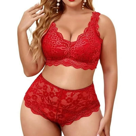 Odeerbi Women's Plus Size Lingerie Set 2025 Valentine's Day Sexy Underwear Large Size Lace Sexy Pajamas Red