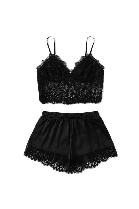 Women's Plus Size Satin Lingerie Set 2025 Valentine's Day Sexy Plus Size Sling Sleepwear Lingerie Lace Nightwear Underwear Set Black