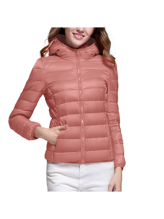 Women's Quilted Down Jacket Lightweight Puffer Jacket Long Winter Coat Long Sleeve Hooded Zip Up Quilted Down Coat With Pockets Rose Gold