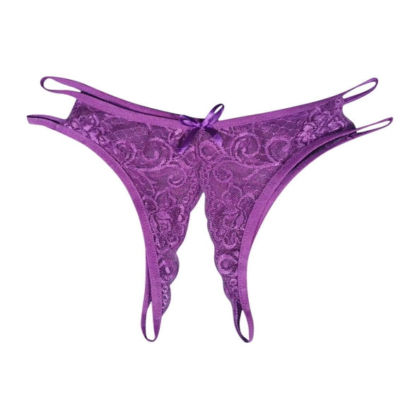 Odeerbi Women's Thong Crotchless Panties 2025 Valentine's Day Sexy Transparent Underwear Sling Solid Color Shortened Underwear Set Purple