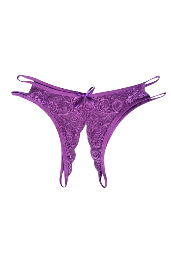 Women's Thong Crotchless Panties 2025 Valentine's Day Sexy Transparent Underwear Sling Solid Color Shortened Underwear Set Purple