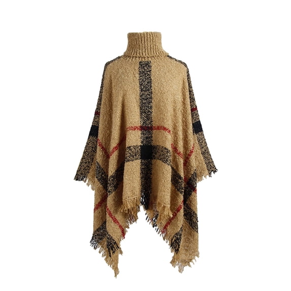 Odeerbi Women's Turtleneck Pullover Poncho Sweater Solid Color Fringe Shawl Loose Fit Knitted Wraps Baggy Cape Coat Open Front Blanket Warm Collar Tassel Blouse Khaki