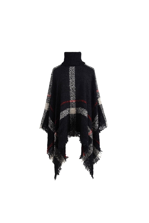 Women's Turtleneck Pullover Poncho Sweater Solid Color Fringe Shawl Loose Fit Knitted Wraps Baggy Cape Coat Open Front Blanket Warm Collar Tassel Blouse Black