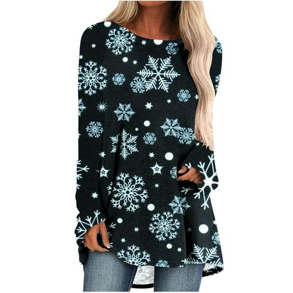 Odeerbi Womens Christmas Tops 2025 Long Sleeve Blouses Round Neck Pullover Shirt Blue