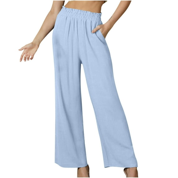 Odeerbi Womens Cotton Linen Pants Trendy 2025 Casual Elastic Waist Trousers with Pocket Solid Color Long Pants Light Blue