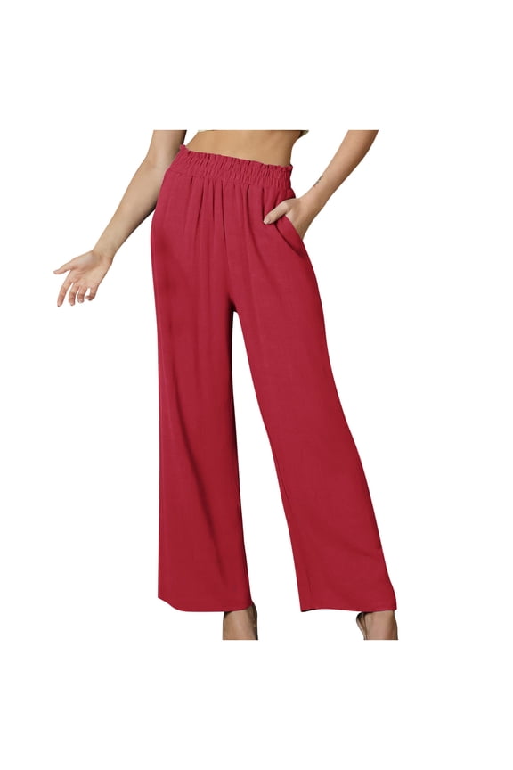 Womens Cotton Linen Pants Trendy Casual Elastic Waist Trousers with Pocket Solid Color Long Pants Light Blue