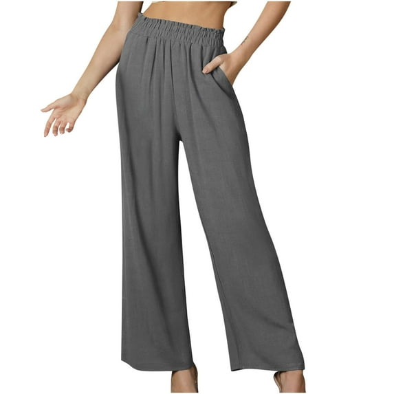 Odeerbi Womens Cotton Linen Pants Trendy 2025 Casual Elastic Waist Trousers with Pocket Solid Color Long Pants Light Blue