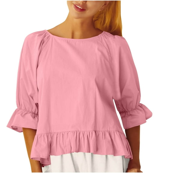 Odeerbi Womens Cotton Linen Tops 2025 Casual Ruffles Short Sleeve Blouse Trendy Solid Color Round Neck Shirts Pink