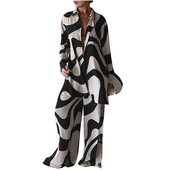 Odeerbi Womens Fall Tops Trendy Casual Trend Print Loose Long Sleeve Shirt Straight Leg Pants Suit