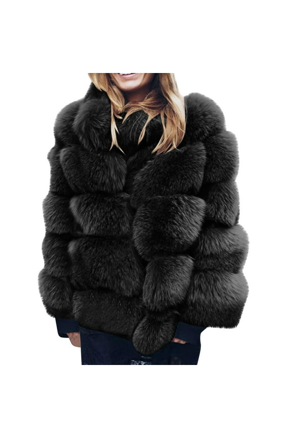 Womens Faux Fox Furry Overcoat Thicken Fleece Jacket Winter Fuzzy Coat Plus Size Winter Warm Coat Loose Stand Collar Plush Jacket Black