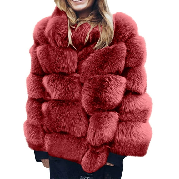 Odeerbi Womens Faux Fox Furry Overcoat Thicken Fleece Jacket Winter Fuzzy Coat Plus Size Winter Warm Coat Loose Stand Collar Plush Jacket Burgundy