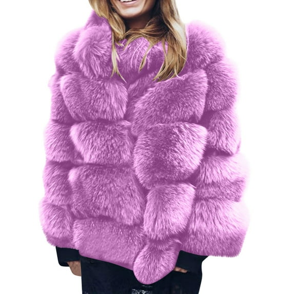 Odeerbi Womens Faux Fox Furry Overcoat Thicken Fleece Jacket Winter Fuzzy Coat Plus Size Winter Warm Coat Loose Stand Collar Plush Jacket Purple