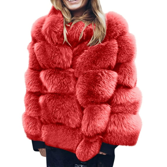 Odeerbi Womens Faux Fox Furry Overcoat Thicken Fleece Jacket Winter Fuzzy Coat Plus Size Winter Warm Coat Loose Stand Collar Plush Jacket Red
