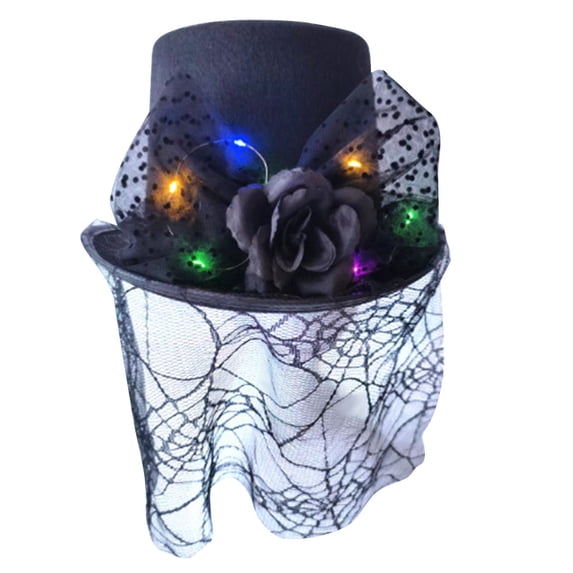 Odeerbi Womens Feather Top Hat Cobweb Tulle Tall Tophat for Halloween Party Dress Up Accessory