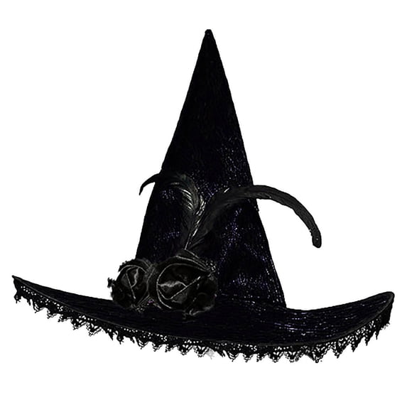 Odeerbi Womens Halloween Witch Hat Gothic Lace Rose Wide Brim Pointed Tall Hat Party Dress Up Accessory