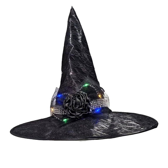 Odeerbi Womens Halloween Witch Hat Rose Lace Tulle Wide Brim Pointed Tall Hat Party Dress Up Accessory