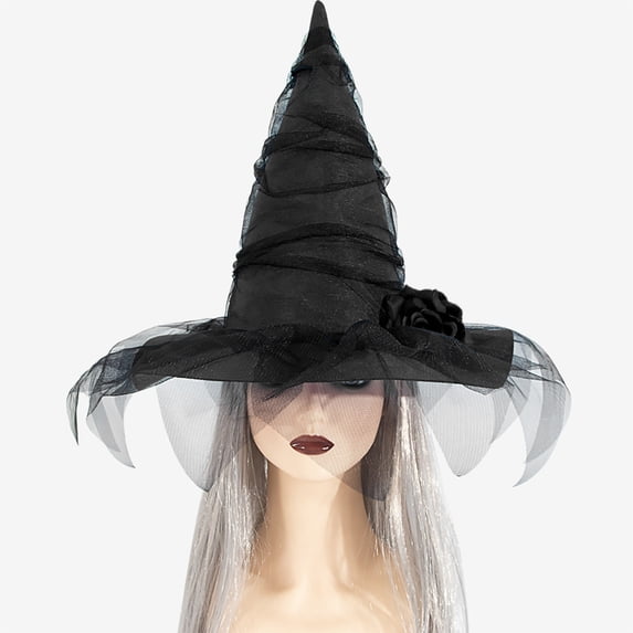 Odeerbi Womens Halloween Witch Hat Rose Tulle Wide Brim Pointed Tall Hat Party Dress Up Accessory