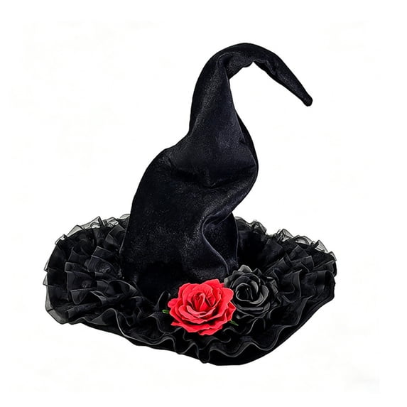 Odeerbi Womens Halloween Witch Hat Ruffle Wide Brim Curved Pointed Tall Hat Party Dress Up Accessory