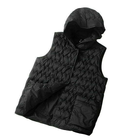 Odeerbi Womens Lightweight Down Vest Zip Up Puffer Vest Hooded Sleeveless Down Cotton Coat 2025 Casual Warm Buttons Vest with Pockets Black