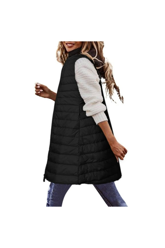 Womens Lightweight Down Vest Zip Up Puffer Vest Warm Long Vest Coat Winter Sleeveless Down Parkas Jacket with Pocket Black
