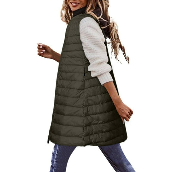 Odeerbi Womens Lightweight Down Vest Zip Up Puffer Vest Warm Long Vest Coat Winter Sleeveless Down Parkas Jacket with Pocket Olive Green