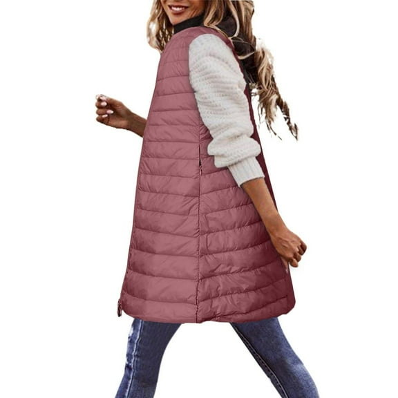 Odeerbi Womens Lightweight Down Vest Zip Up Puffer Vest Warm Long Vest Coat Winter Sleeveless Down Parkas Jacket with Pocket Pink