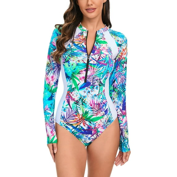 Odeerbi Womens Long Sleeve Rash Guard UV Protection One Piece Swimsuits Quick Dry Surfing Bathing Suit Ladies Fashion Multicolor Leaf Flower Print Swimwear Light Blue