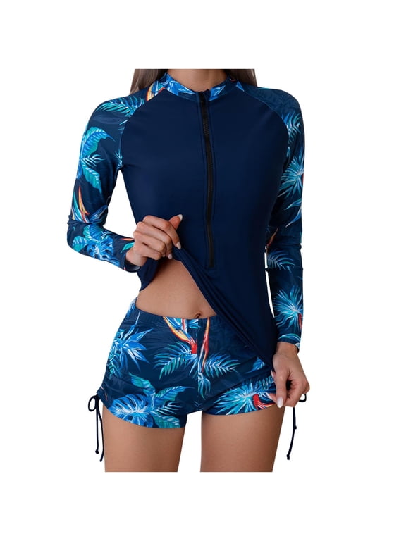 Womens Long Sleeve Rash Guard UV Protection Two Piece Swimsuits Quick Dry Surfing Bathing Suit New Fashion Casual Sexy Split Bikini Blue