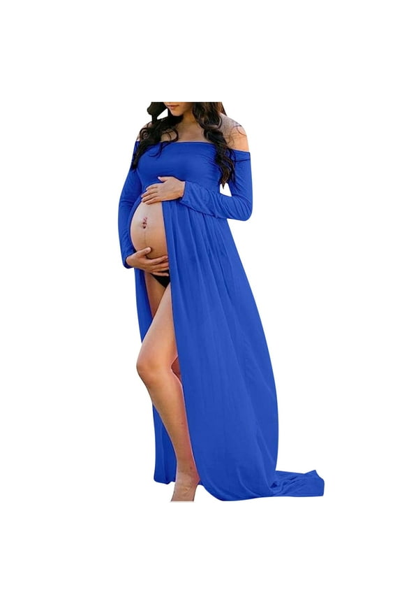 Womens Maternity Dress for Photoshoot 2025 Fashion Solid Color Pregnant Dress Long Sleeve Off Shoulder Long Dress Blue L