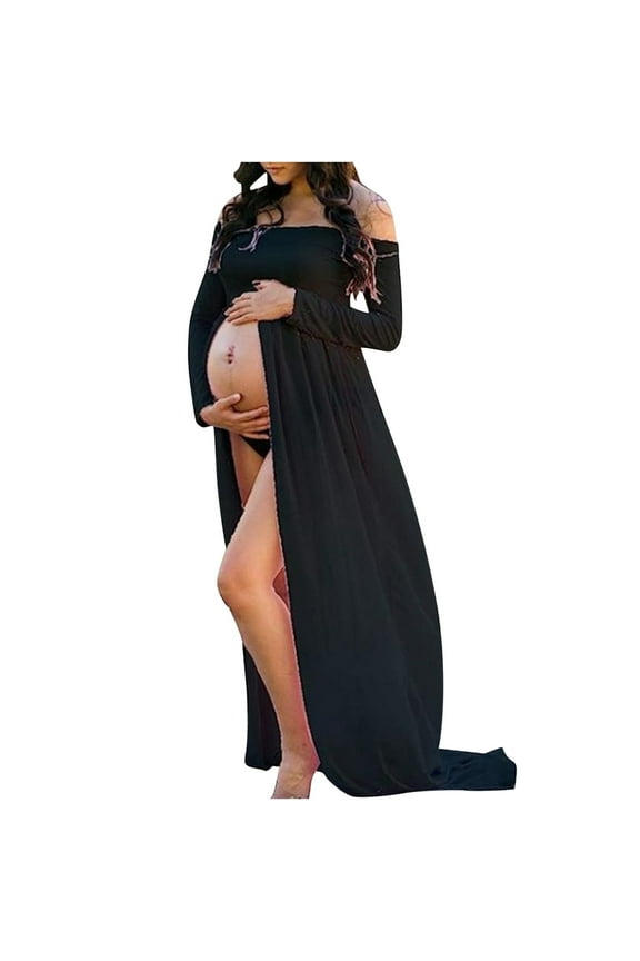 Womens Maternity Dress for Photoshoot 2025 Fashion Solid Color Pregnant Dress Long Sleeve Off Shoulder Long Dress Black XL