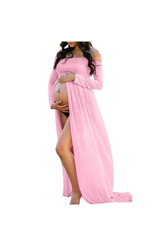 Womens Maternity Dress for Photoshoot 2025 Fashion Solid Color Pregnant Dress Long Sleeve Off Shoulder Long Dress Pink M