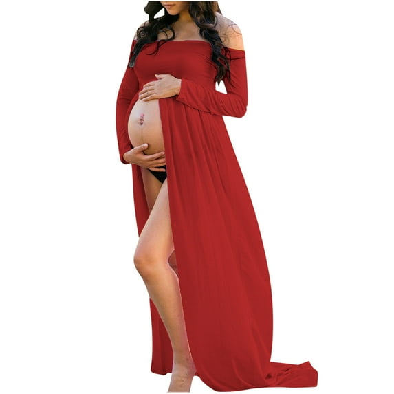 Odeerbi Womens Maternity Dress for Photoshoot 2025 Fashion Solid Color Pregnant Dress Long Sleeve Off Shoulder Long Dress Red M